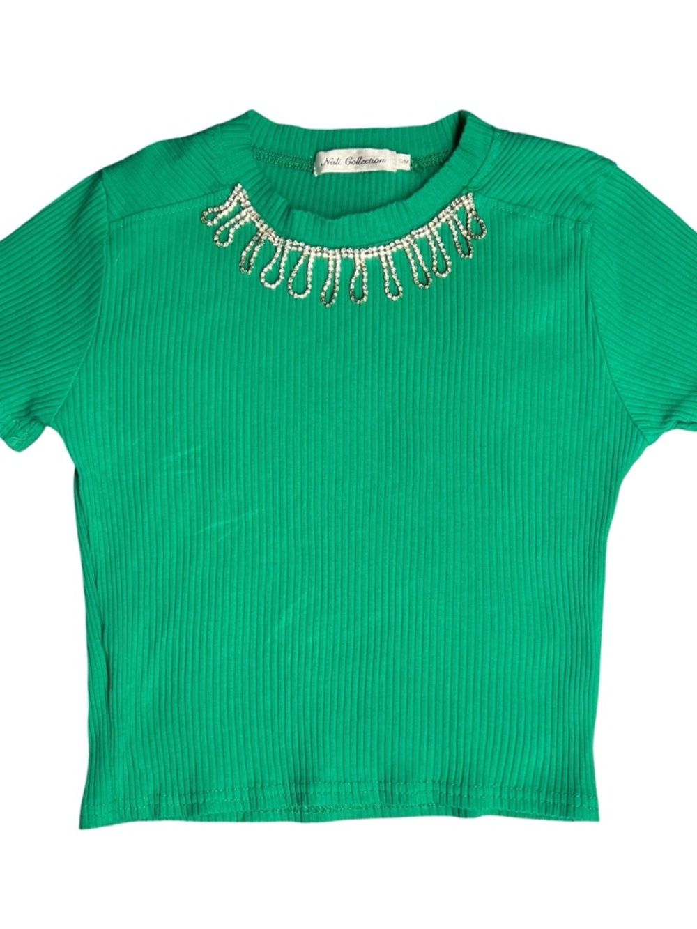 Ribbed Short Sleeve Top with Rhinestone Neckline